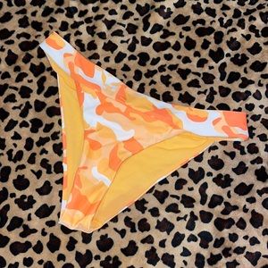 Orange camo high waisted swim suit bottoms size S with matching top, top size L.